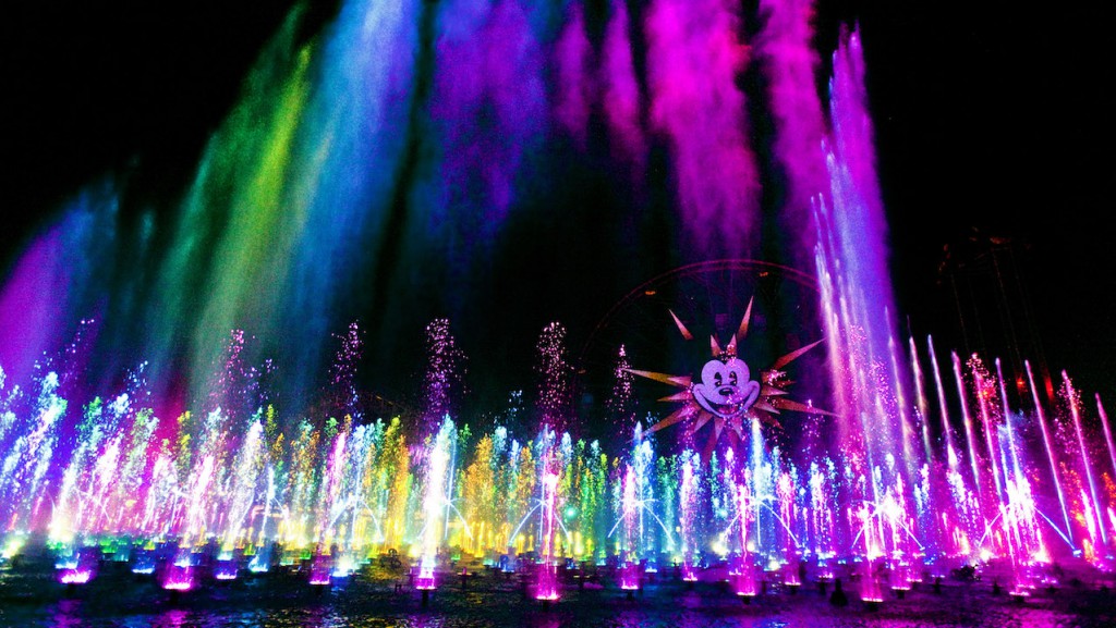 'WORLD OF COLOR' -- Lights, water, music, fire and animation come together like never before in “World of Color” at Disney California Adventure park in Anaheim, Calif. The show combines nearly 1,200 powerful fountains with heights that range from 30 feet to 200 feet in the air, dazzling colors and a kaleidoscope of audio and visual effects, including both classic and new animation projected on one of the world’s largest projected water screens — a wall of water 380 feet wide by 50 feet high for a projection surface of 19,000 square feet . Presented on Paradise Bay in Disney California Adventure park, “World of Color” is a major milestone in the multi-year expansion of the park. (Paul Hiffmeyer/Disneyland)