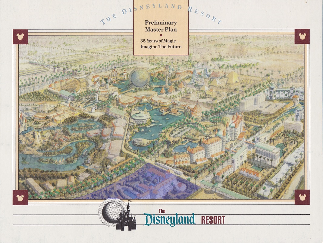 The location of what will be Disney’s new luxury hotel is highlighted here on the cover of the 1991 brochure for the Disneyland Resort.