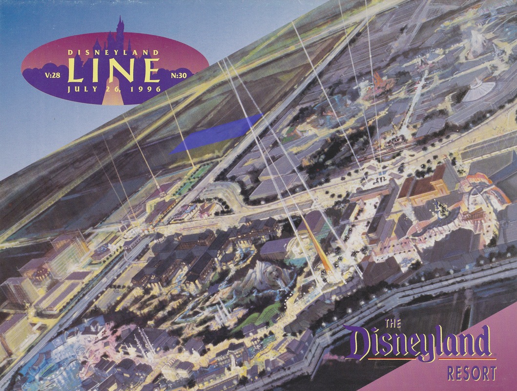 The cover of the July 26, 1996 Disneyland Line showed a highly stylized depiction of the Resort. The location for the luxury hotel that has just been announced is highlighted in blue.