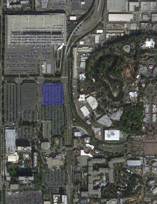 A view of the Disneyland Resort as constructed shows the area where the new hotel will be built, highlighted in blue. A new parking structure is proposed to the west.