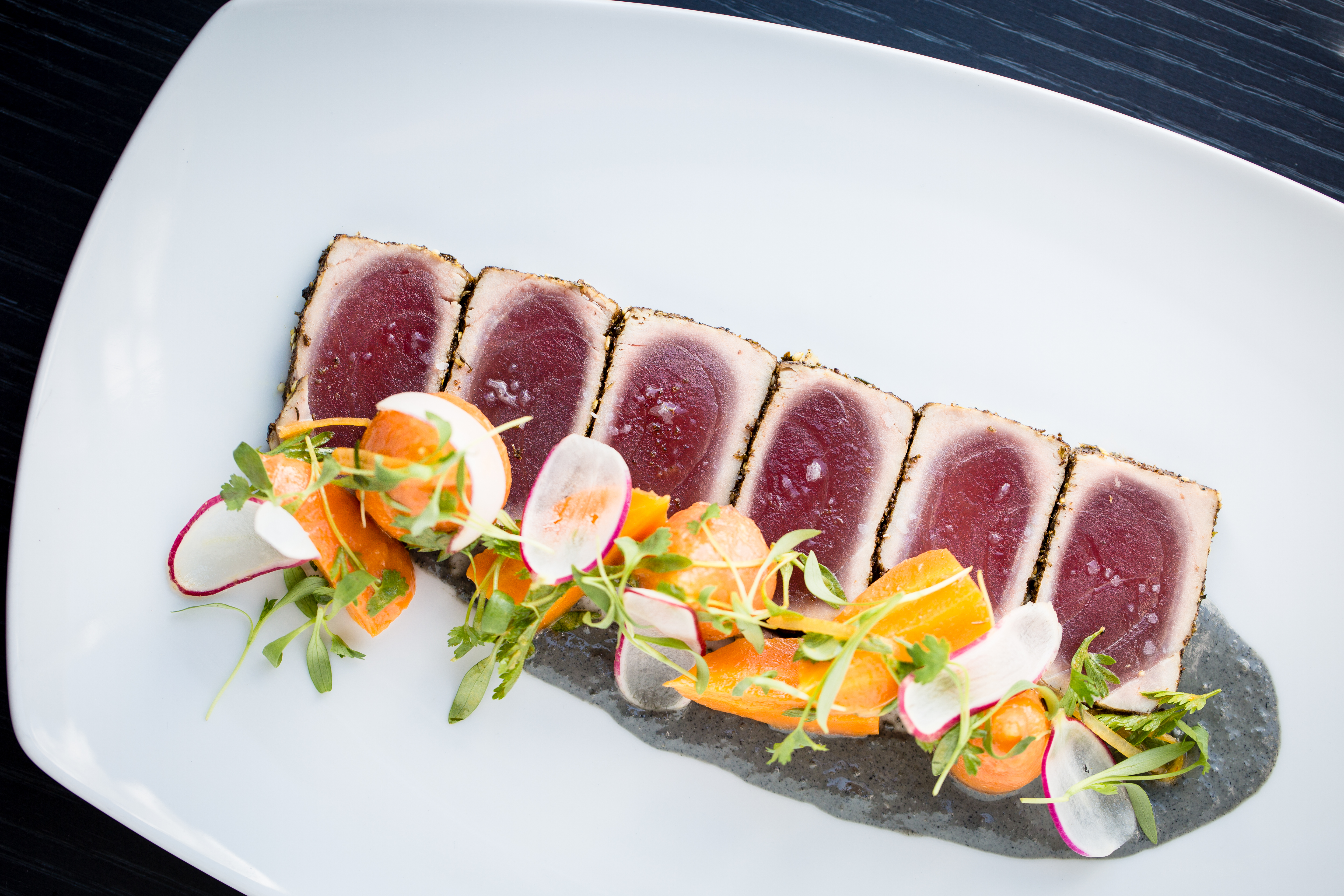 SEARED TUNA thumbelina carrot - black sesame tahini - preserved lemon