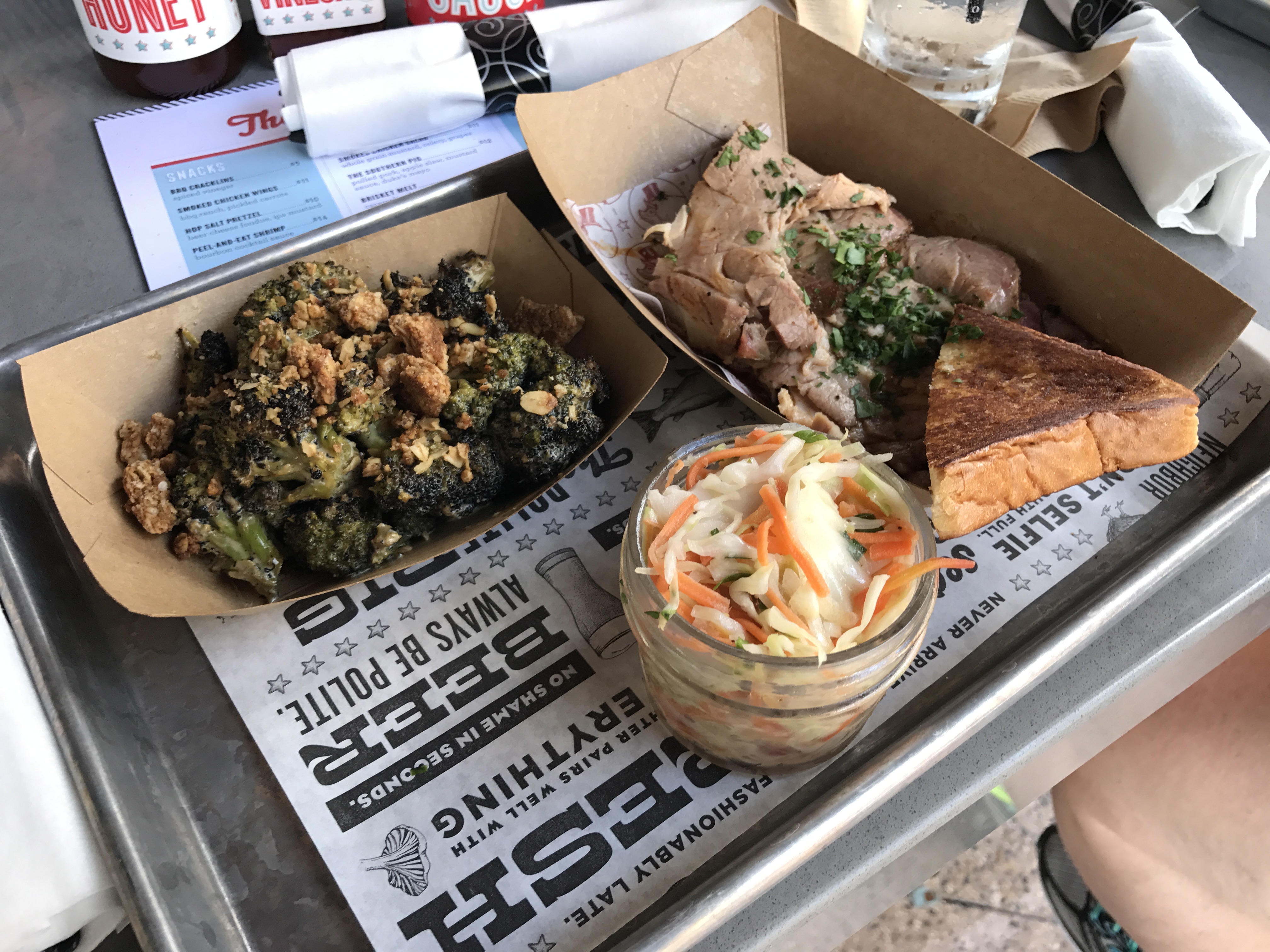 Brisket - coffee rub; served with slaw, Texas toast and a side of Charred Broccoli