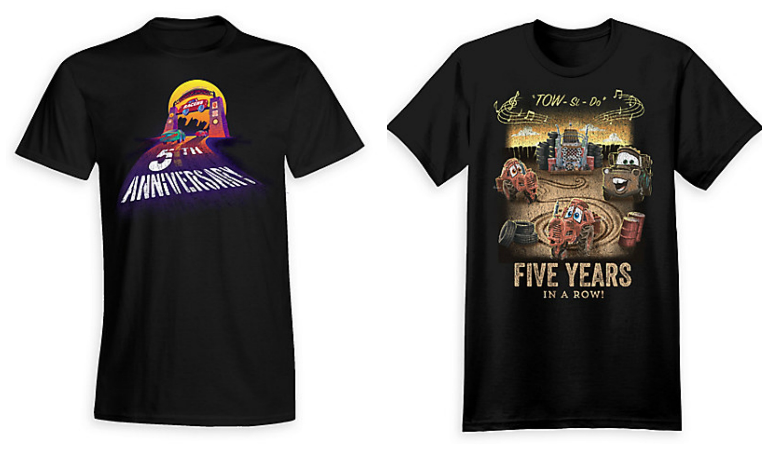 Limited release shirts celebrating the 5th anniversary of two Cars Land attractions (via
