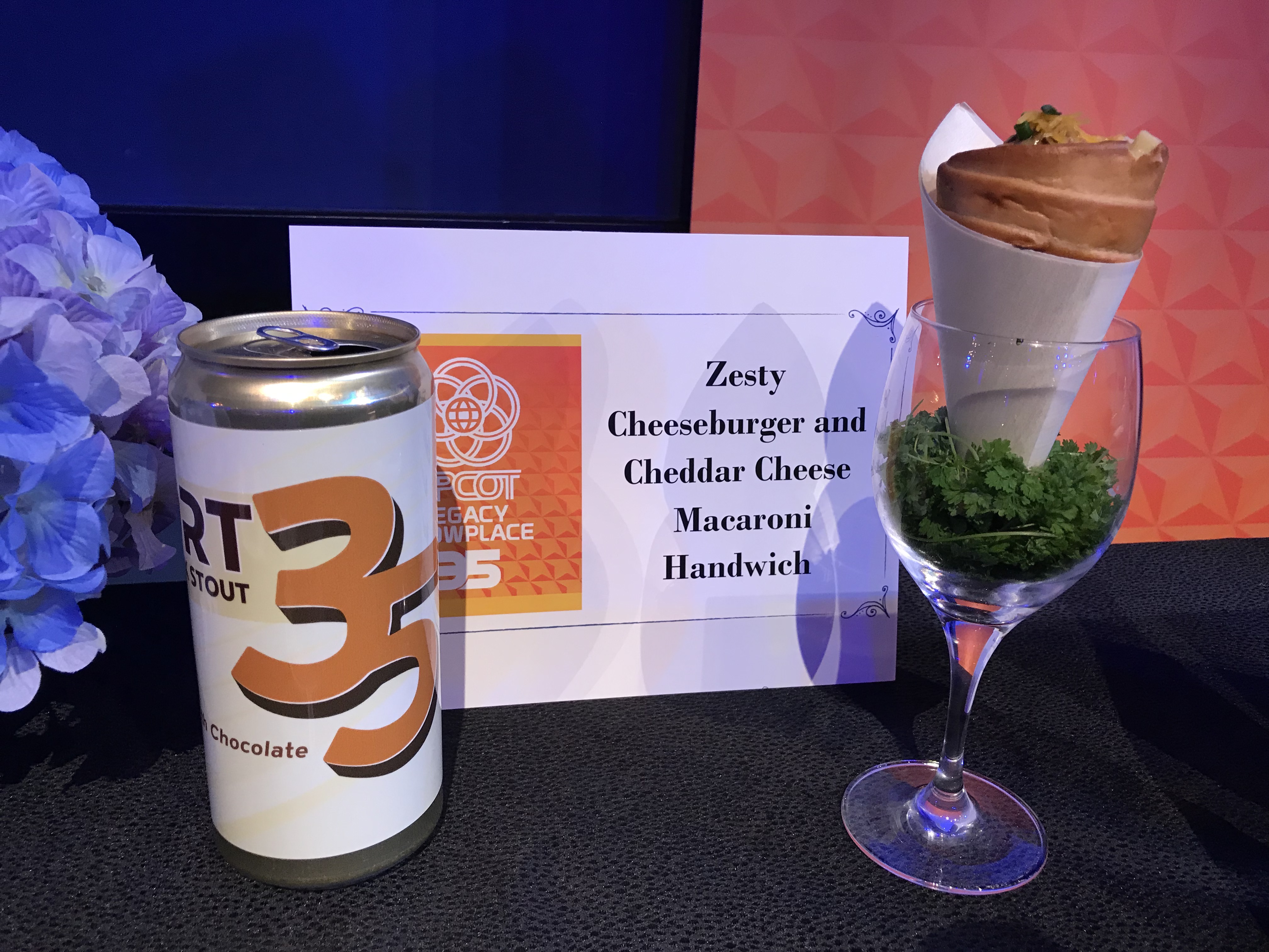 Epcot International Food & Wine Festival - Epcot Legacy Showplace Zesty Cheeseburger and Cheddar Cheese Macaroni Handwich and Passport 35 Triple Chocolate Milk Stout
