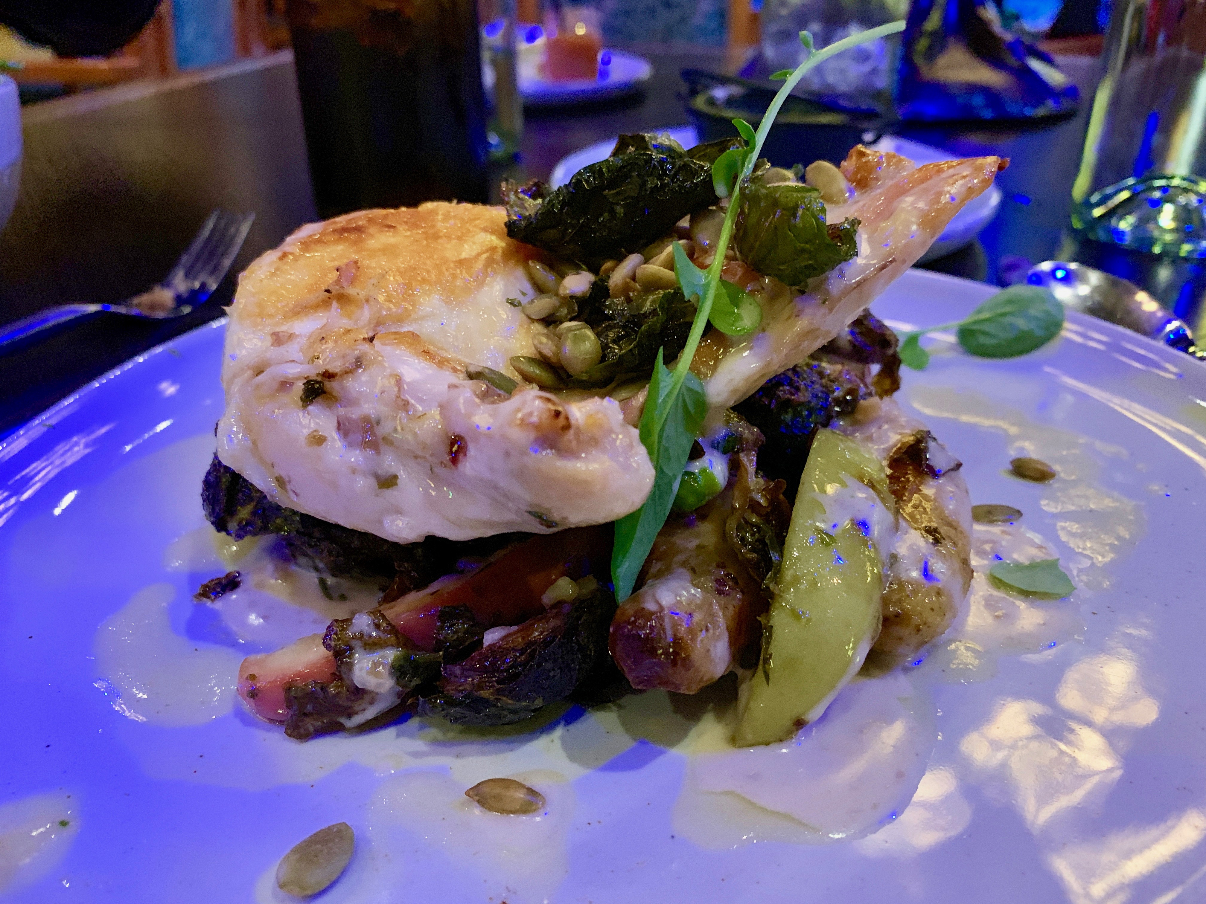 Brother’s Grimm Roasted Chicken - Confit Potatoes, Roasted Brussels Sprouts, Apples, and Chestnut Butter