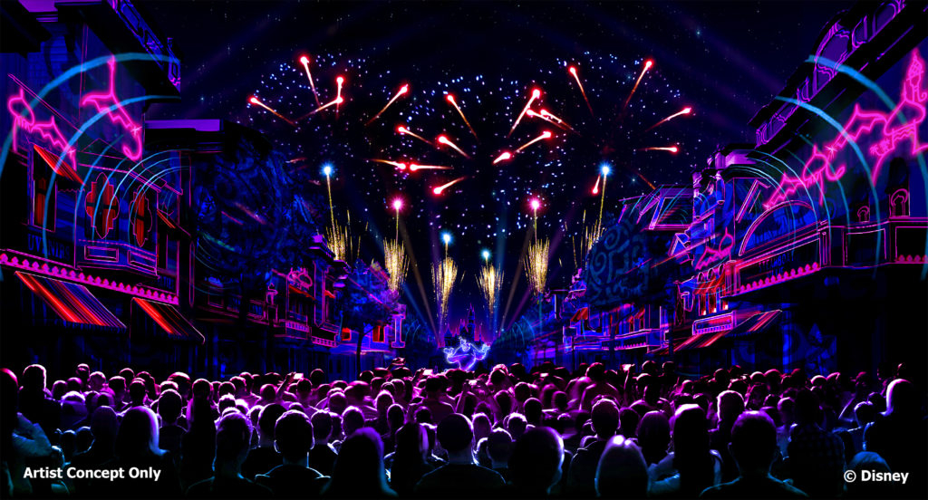 Mickey’s Mix Magic will feature all-new music, projections and lasers that will set the scene for an epic dance party that takes over almost the entire park. (Disney)