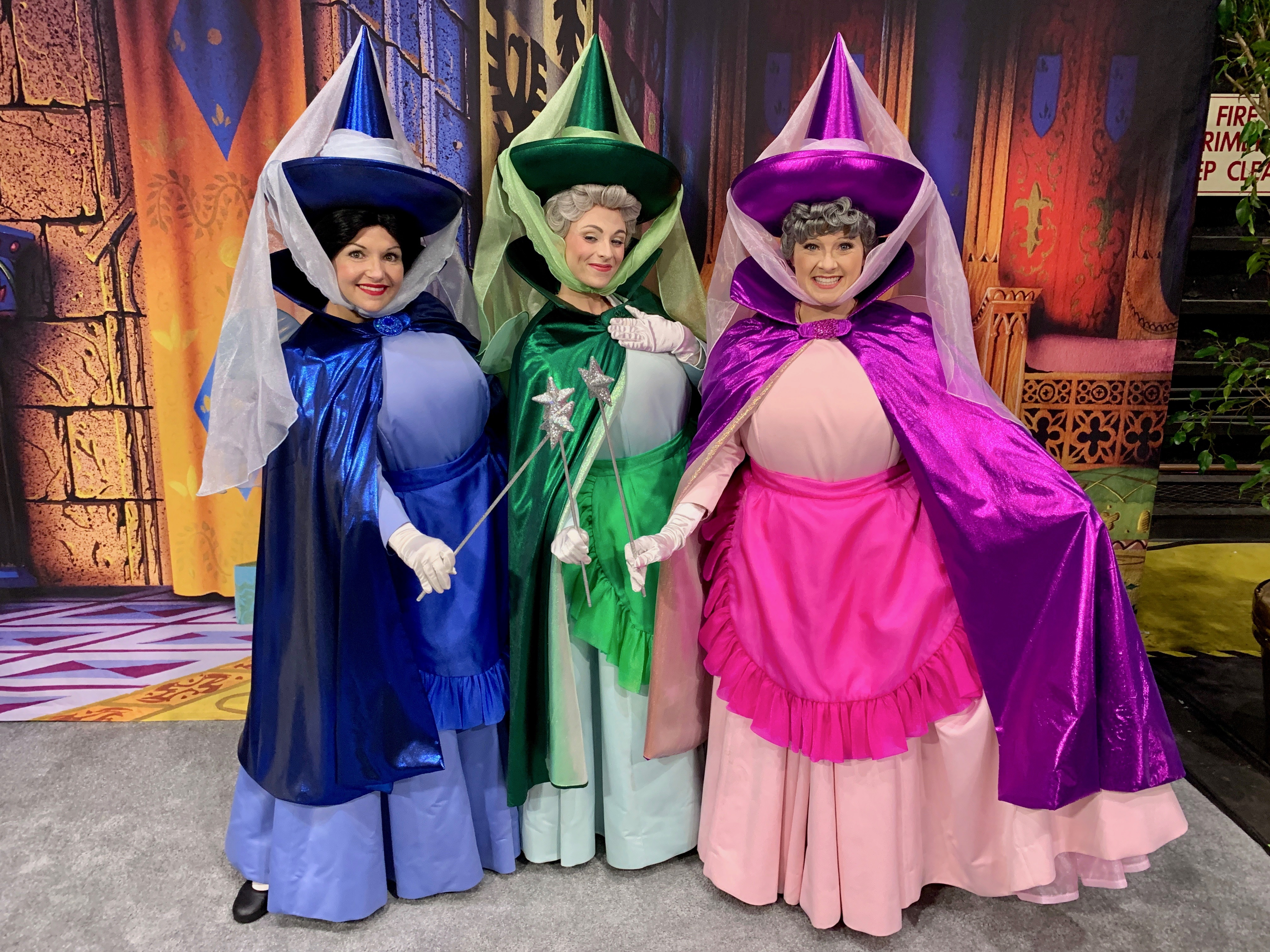 Sleeping Beauty’s Flora, Fauna, and Merryweather at D23’s 10-Year FAN-niversary Celebration at the Walt Disney Studios, March 10, 2019.