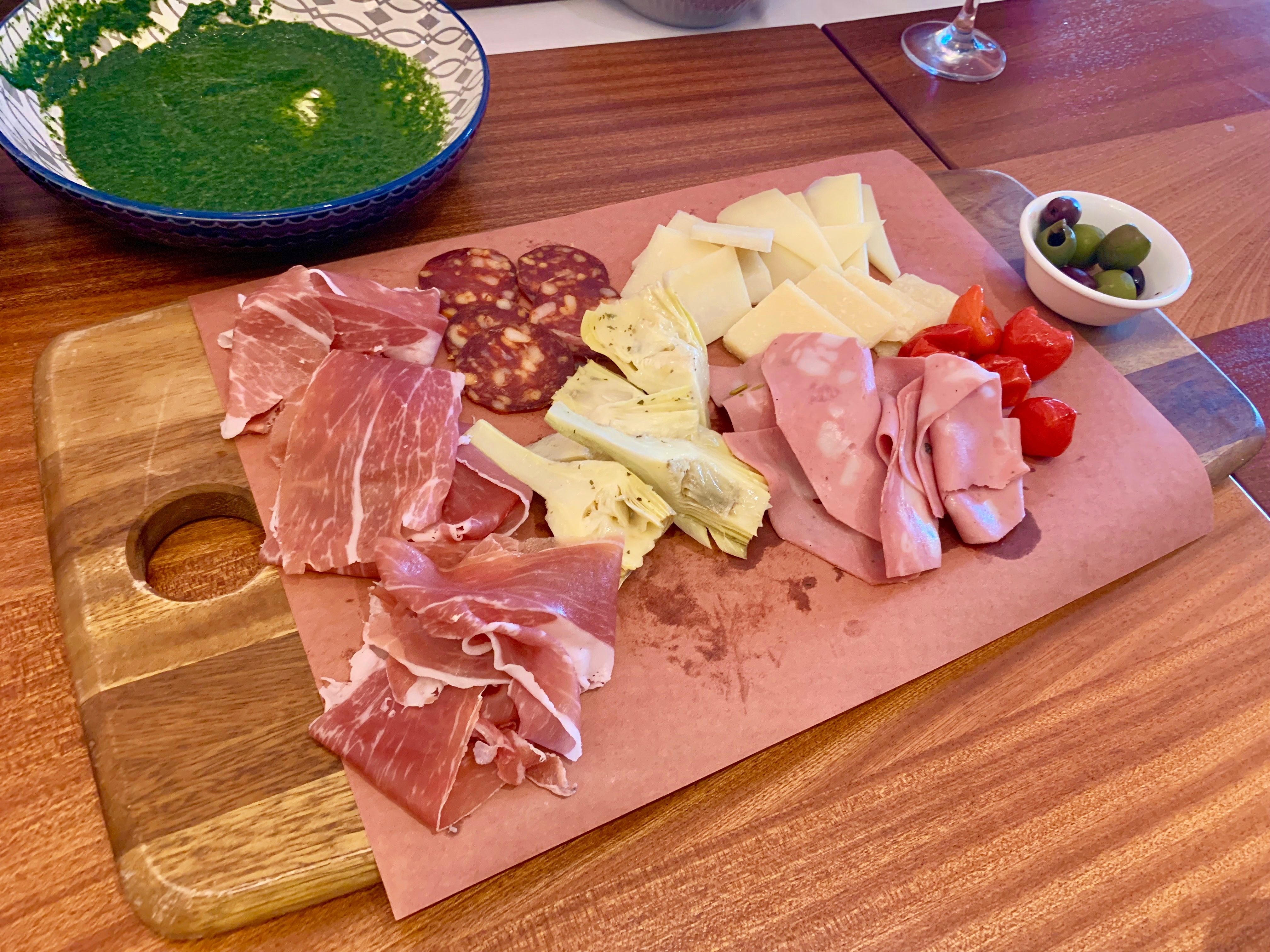 Salumi E Formaggi - 24-month Aged Prosciutto di Parma, Salametto Piccante, Mortadella with Pistachio, Pecorino Romano, Parmigiano Reggiano, Caciocavallo, Olives