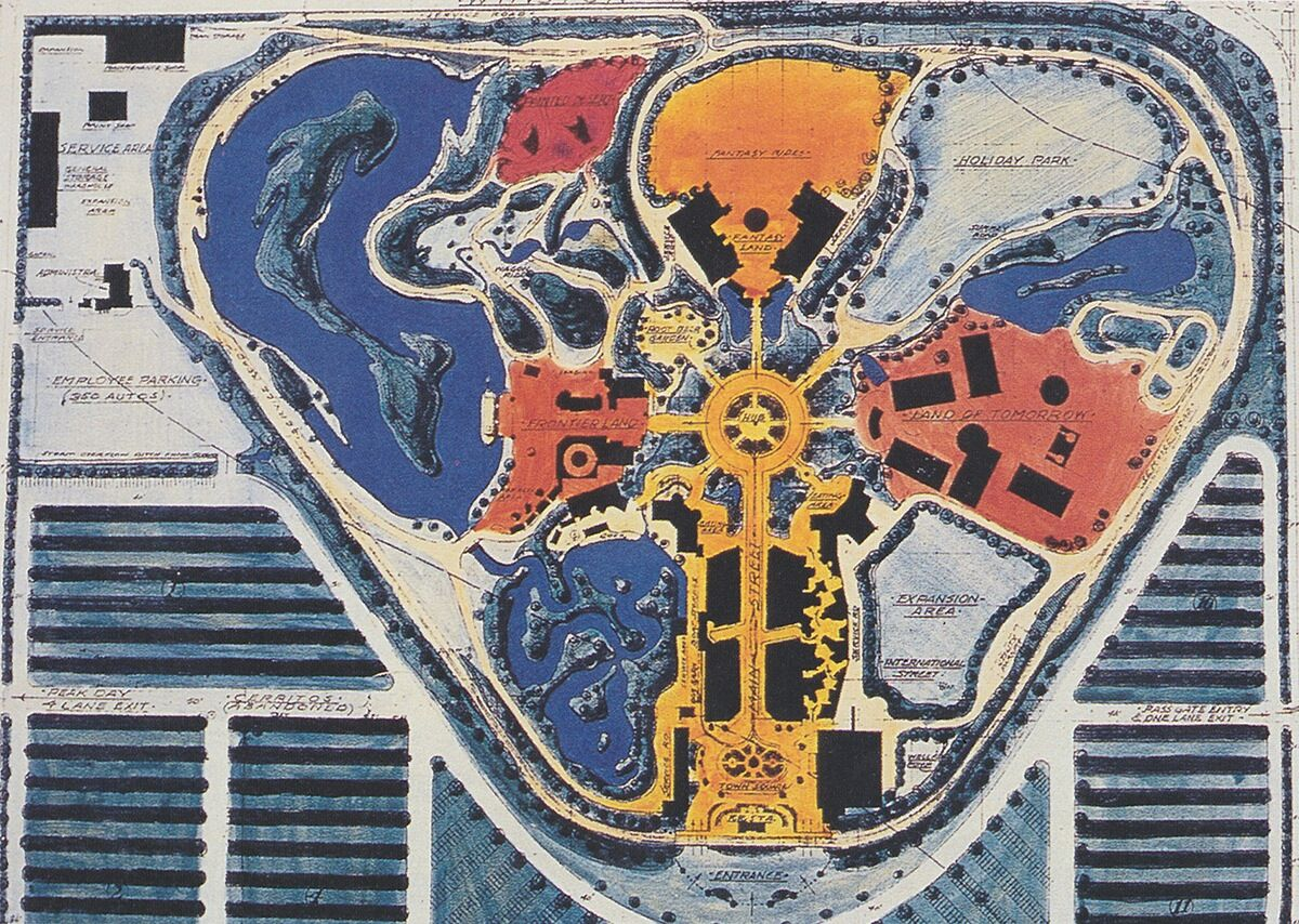 An early schematic plan view of Disneyland shows the roundhouse in a service area at the extreme northwest corner of the property.