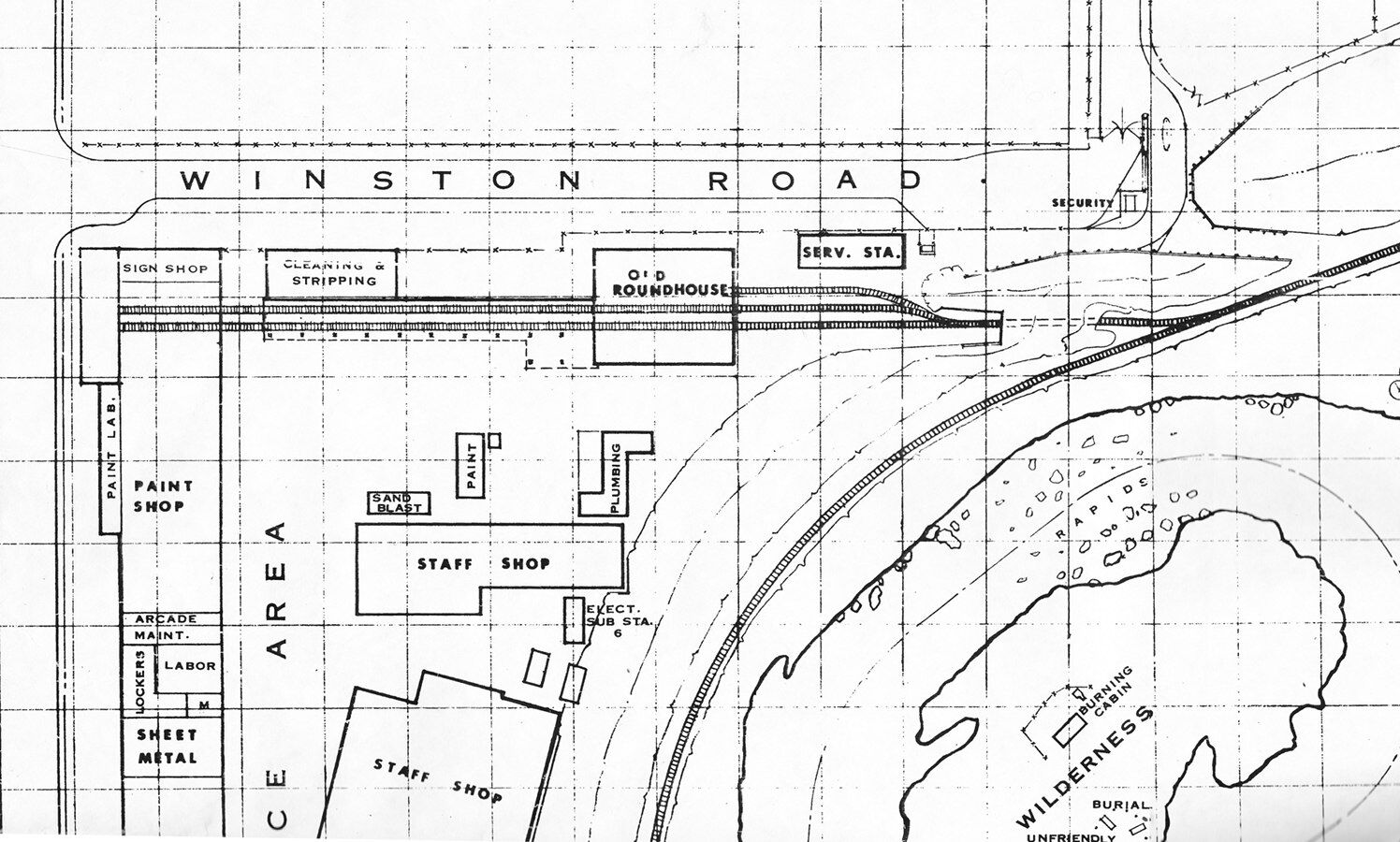 A 1967 plot plan shows where the train shed and its related structures were located.