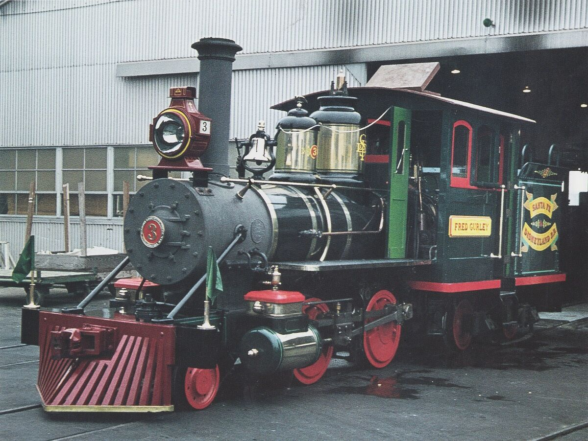 Engine #3, the Fred Gurley, is seen outside the original Disneyland roundhouse.