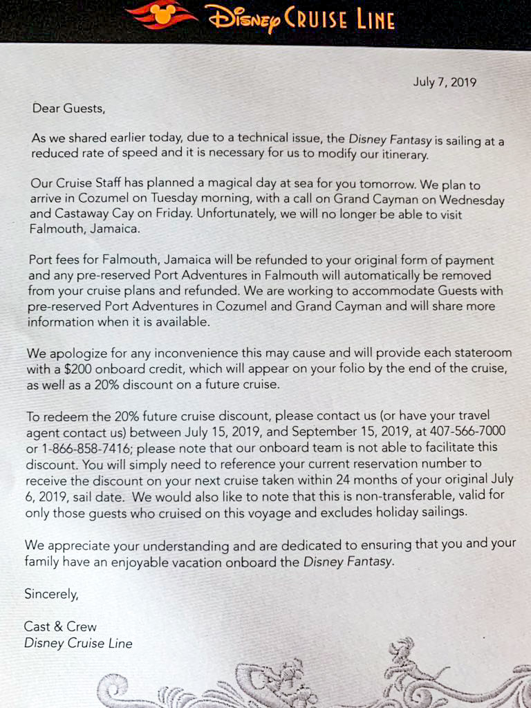 Disney Cruise Line letter to guests. Credit: DisneyCruiseLineBlog