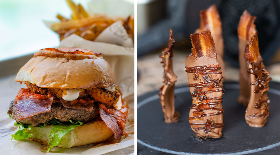 Pizza Burger from D-Luxe Burger and Temple of Bacon from Jock Lindsey&rsquo;s Hangar Bar at Disney Springs