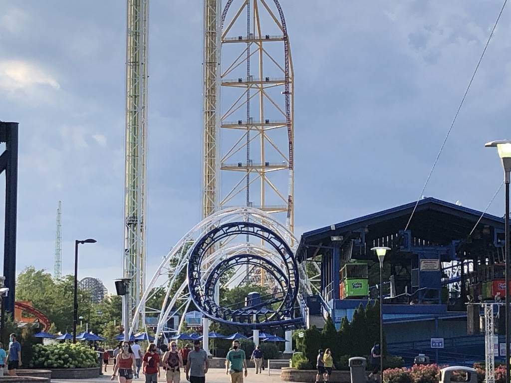 Cedar Point roller coasters: Corkscrew, Power Tower, Top Thrill Dragster