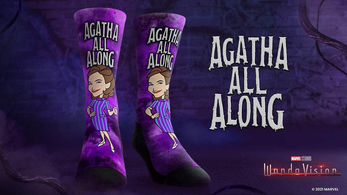 <a href=https://rockemsocks.com/collections/wandavision/products/wandavision-agatha-all-along>’Agatha All Along’ Socks </a> / Rock ‘Em Socks