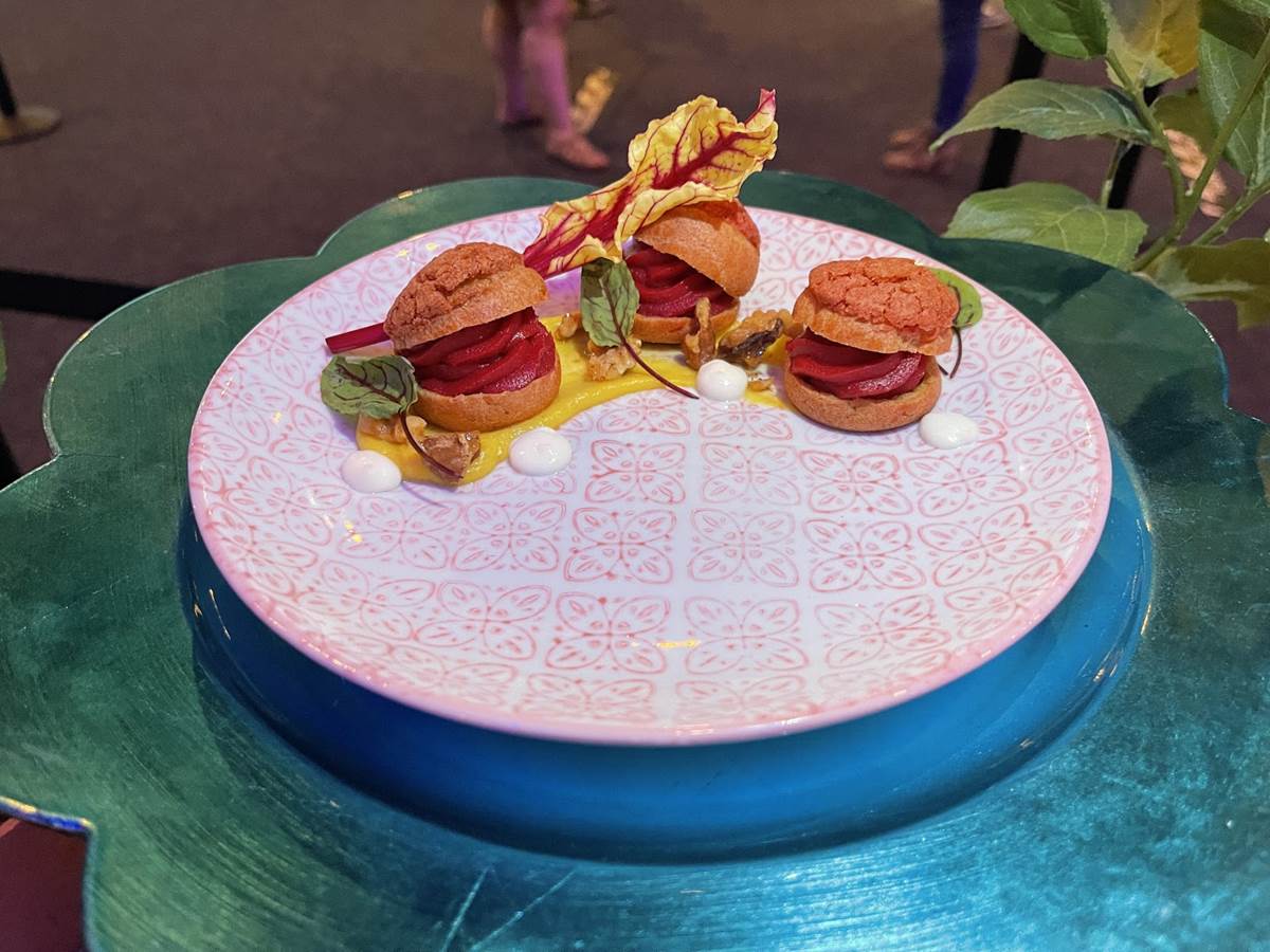 Off the “Beet”en Path - Profiteroles with Red Beet Mousse, Golden Beet Pastry Cream, Whipped Goat Cheese Cream, and Candied Walnuts ($5.50)