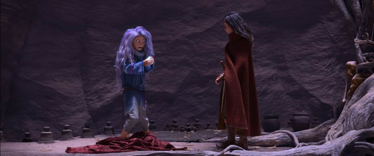 Recovering a piece of her fractured Dragon Gem, Sisu discovers the ability to shape-change into human form.  © 2021 Disney. All Rights Reserved.