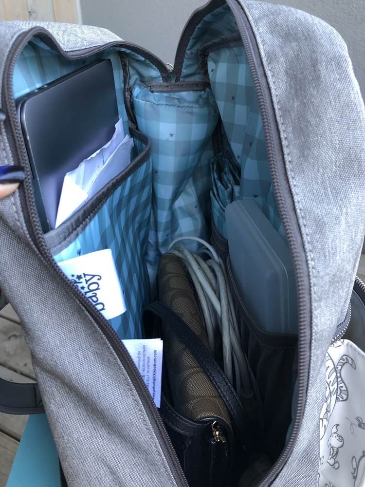 My computer, computer cord, and clutch are comfortably stored