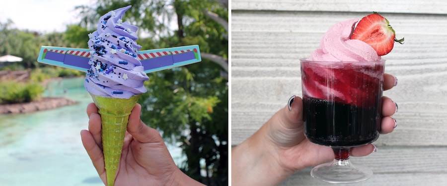 Swirls on the Water Buzz Lightyear Star Commander Cone and DOLE Whip Float featuring Rosa Regale Sparkling Red Wine, DOLE Whip strawberry, and a fresh strawberry slice