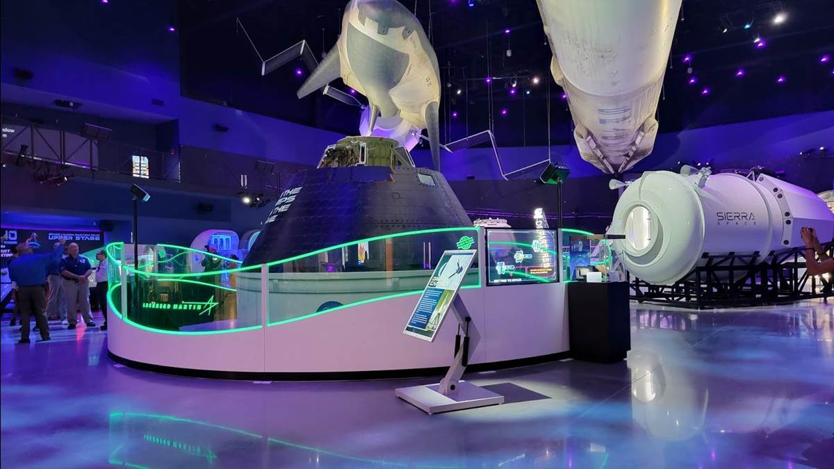 Boeing Crew Space Transporation-100 Starliner Mock-Up Capsule (full-scale engineering model), SpaceX Falcon 9 booster, Sierra Space Dream Chaser (full-scale model), Sierra Space Shooting Star™ (full-scale model),Orion Exploration Flight Test-1 Capsule (flight flown)