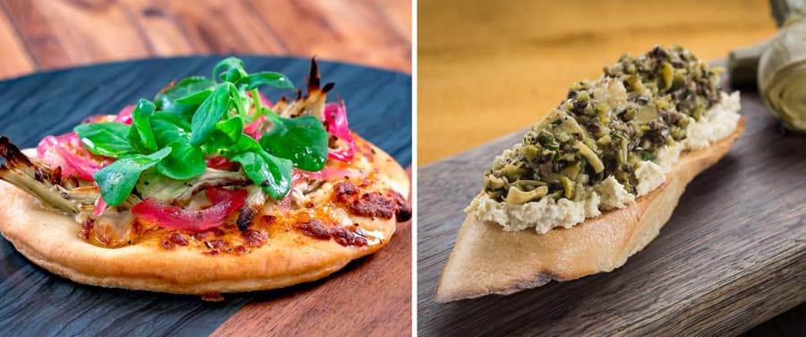 Artichoke Pizzetta and Artichoke Toast with Olive Tapenade