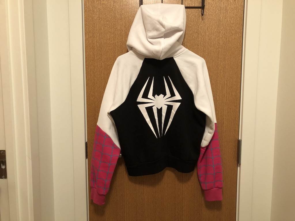 Back side of the Spider-Gwen Hoodie. Check out the cool white spider with very long legs.