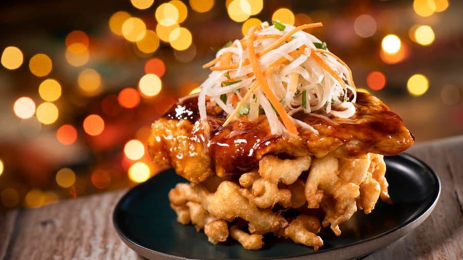 Spicy Korean Chicken on a Mini Funnel Cake
