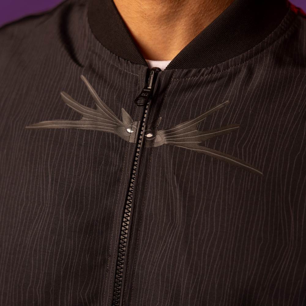 Jack’s Journey reversable bomber jacket has a bat bowtie motif