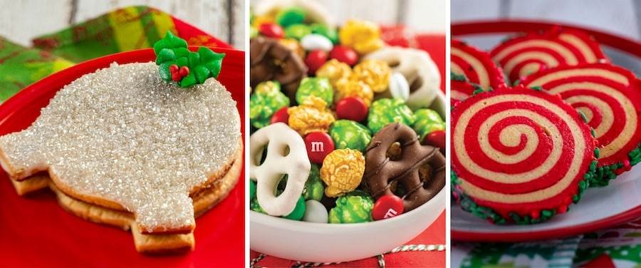Salted Caramel Spaceship Earth Cookie, Mouse Crunch made with M&M’S chocolate candies and Peppermint Pinwheel Cookie from Holiday Hearth Desserts at EPCOT Festival of the Holidays 2023