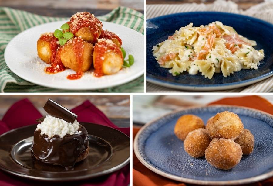 Montanara, Farfalle Salmone Affumicato, Torta Caprese and Dolce Pizza from the Tuscan Holiday Kitchen at EPCOT Festival of the Holidays 2023