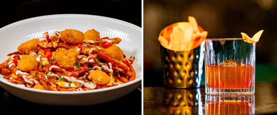 Collage of Sweet Potato Fries Poutine and Barrel Aged Smoked