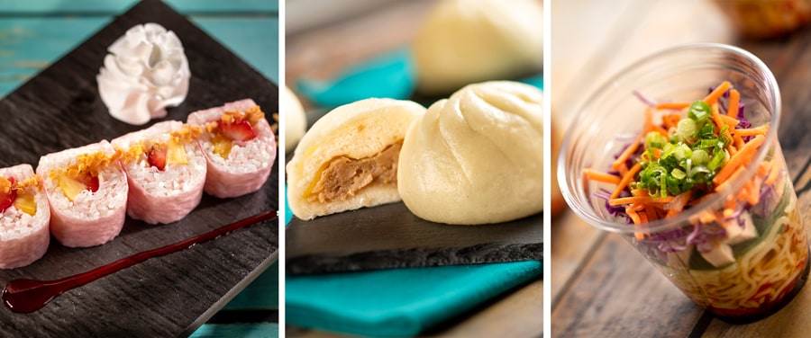 Collage of Frushi, Steam Bun and Ramen Cup