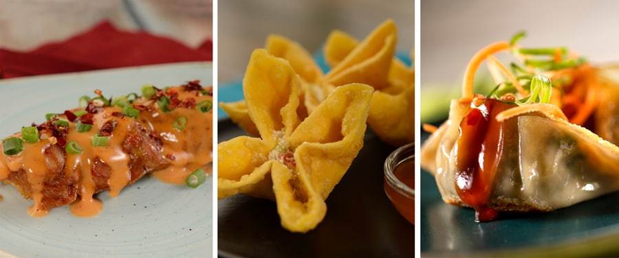 Collage of Spicy Mala Chicken Skewer with creamy peanut sauce, House-made Cheesy Crab Wontons and Pan-fried Vegetable Dumplings