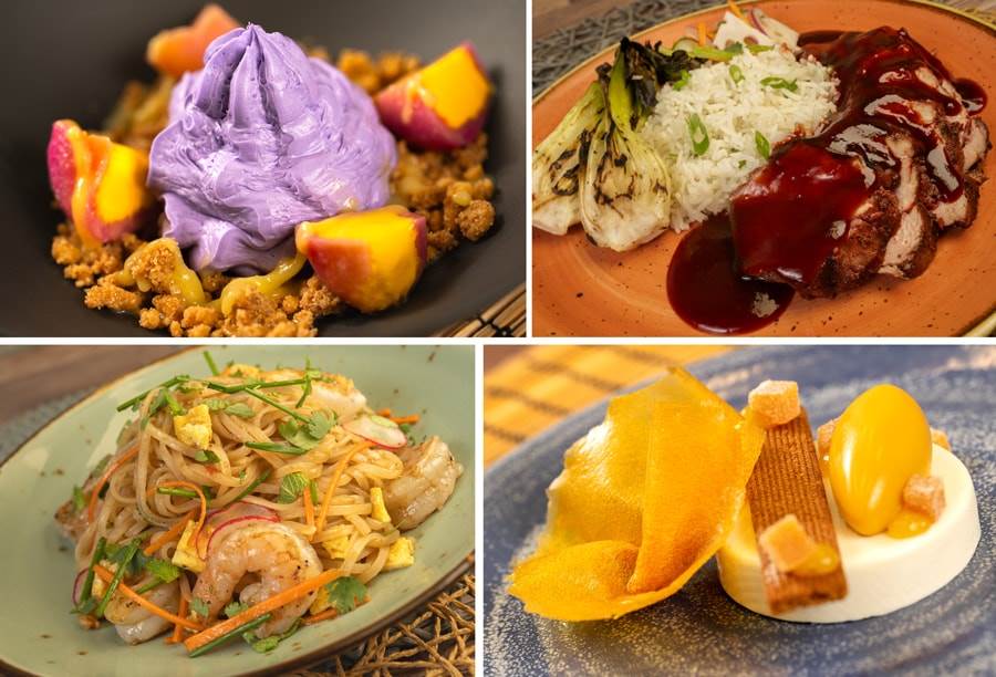 Collage of Passion Fruit IceOForm, "Hardy Har Char" Siu Pork, Nile Nellie's Noodle Bowl and Mango Float