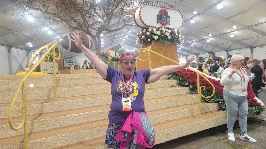 My pal Anita poses by the float that will carry the Ohio State Cheer Team