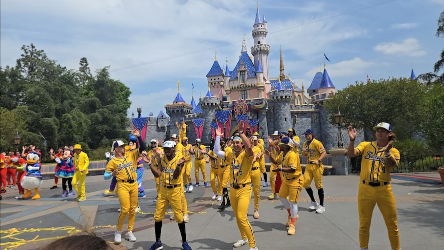 Savannah Bananas dance to Hey Baby at Sleeping Beauty Castle