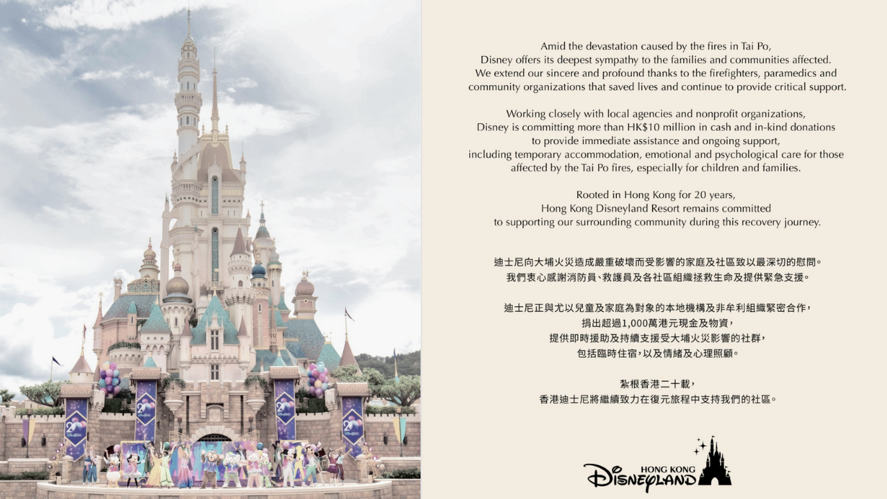 Hong Kong Disneyland Responds to Tai Po Fire With HK$10 Million in Aid and Community Support