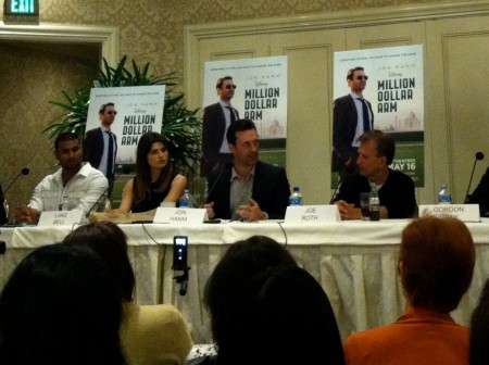 on Hamm (right center) makes a point as (left to right) Rinku Singh, Lake Bell and producer Joe Roth look on
