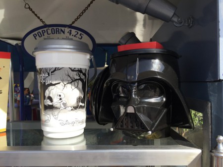 A Darth Vader popcorn bucket is available at the Tomorrowland popcorn cart