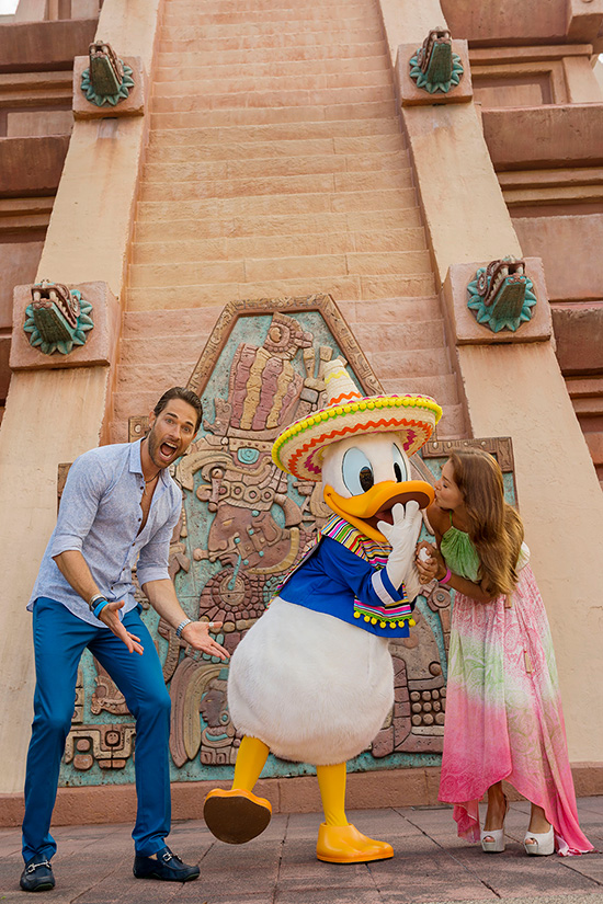 Actors Sebastian Rulli and Angelique Boyer with Donald at Epcot's Mexico Pavilion