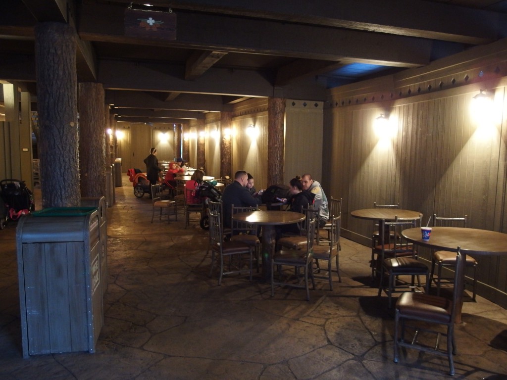 The lower dining area is walled in