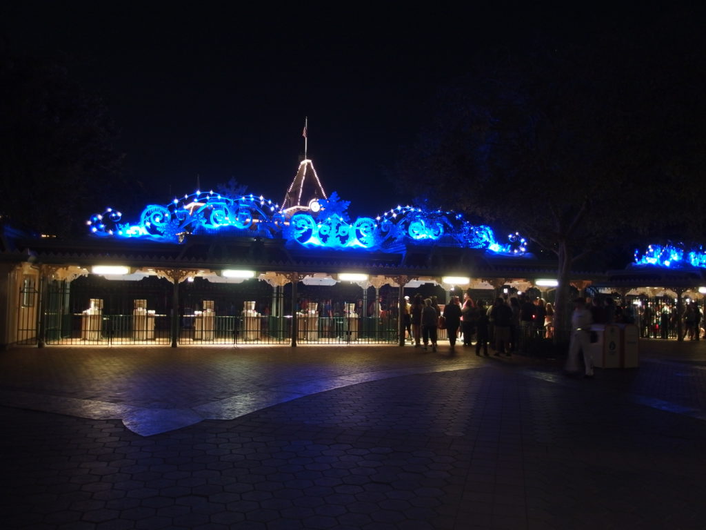 Entrance to Disneyland is aglow with holiday decorations