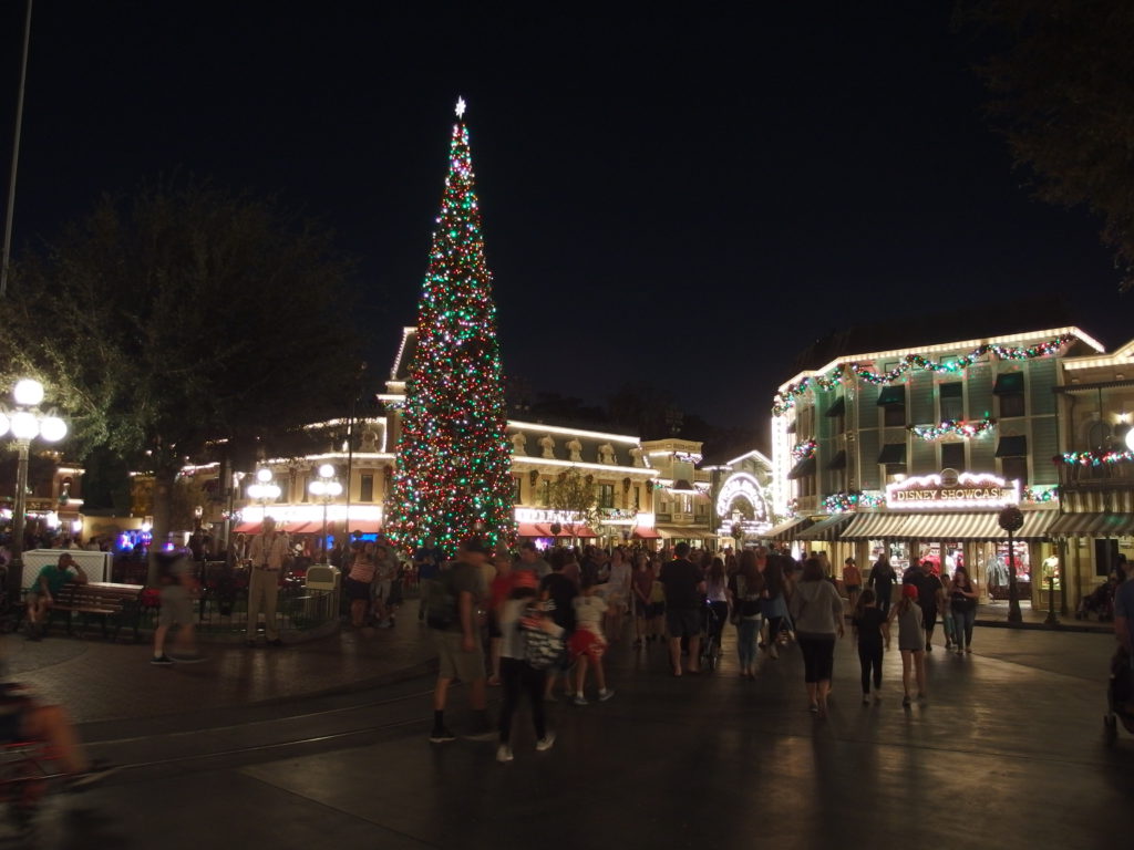 The town square Christmas tree is lighted every evening at dusk