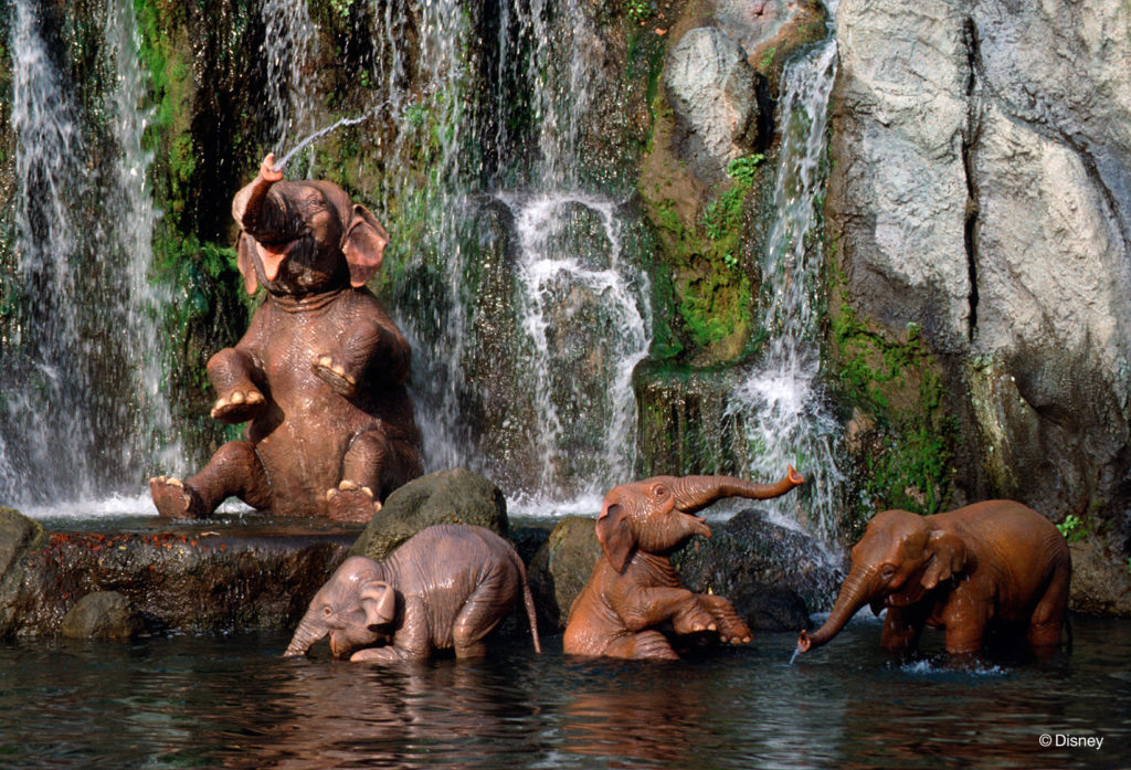 Guests pass an elephant bathing pool during a Jungle Cruise expedition. The Jungle Cruise opened with Disneyland park in 1955 and was later introduced at Walt Disney World Resort, Tokyo Disney Resort, and Hong Kong Disneyland Resort. (Disney)