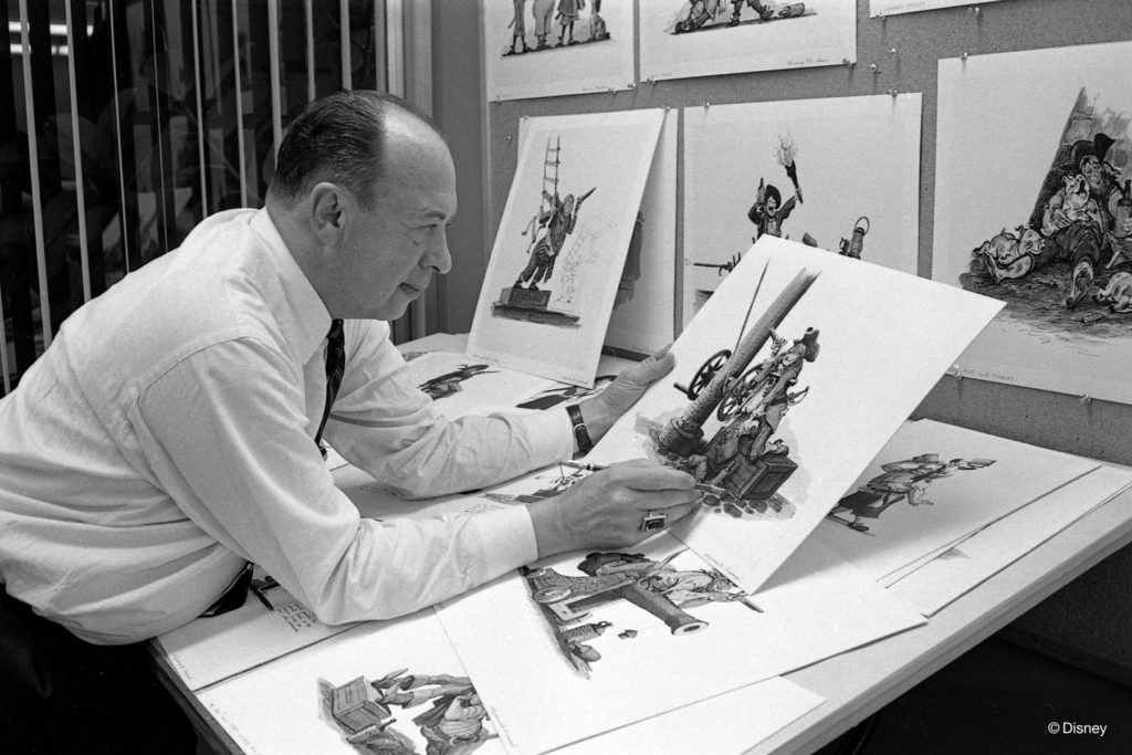 A PIRATE’S LIFE FOR MARC –– Disney Legend Marc Davis reviews concepts for the 1967 Disneyland attraction Pirates of the Caribbean. A Disney Studio animator and member of Walt Disney’s “Nine Old Men,” Davis also designed memorable characters and scenarios for many Disney theme park attractions. (Disney)