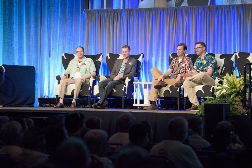 D23’s Steven Vagnini, Disney Vacation Club’s Ryan March, and Disney artists Casey Jones and Richard Terpstra celebrated 45 years of Disney’s Polynesian Resort with a historical look back at the iconic resort. (Disney)