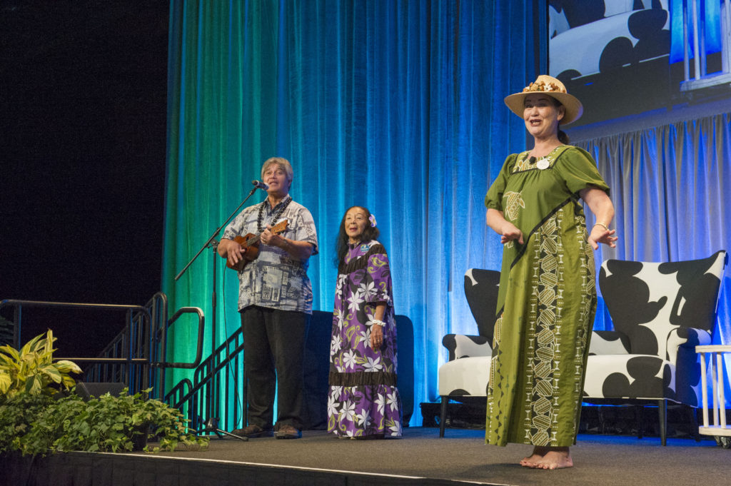 Legendary cast member Auntie Kau’I, cultural representative Ku’ulei, and musician Kalei join Disney artists Casey Jones and Richard Terpstra, Disney Vacation Club’s Ryan March and D23’s Steven Vagnini to celebrate 45 years of Disney’s Polynesian Resort. (Disney)