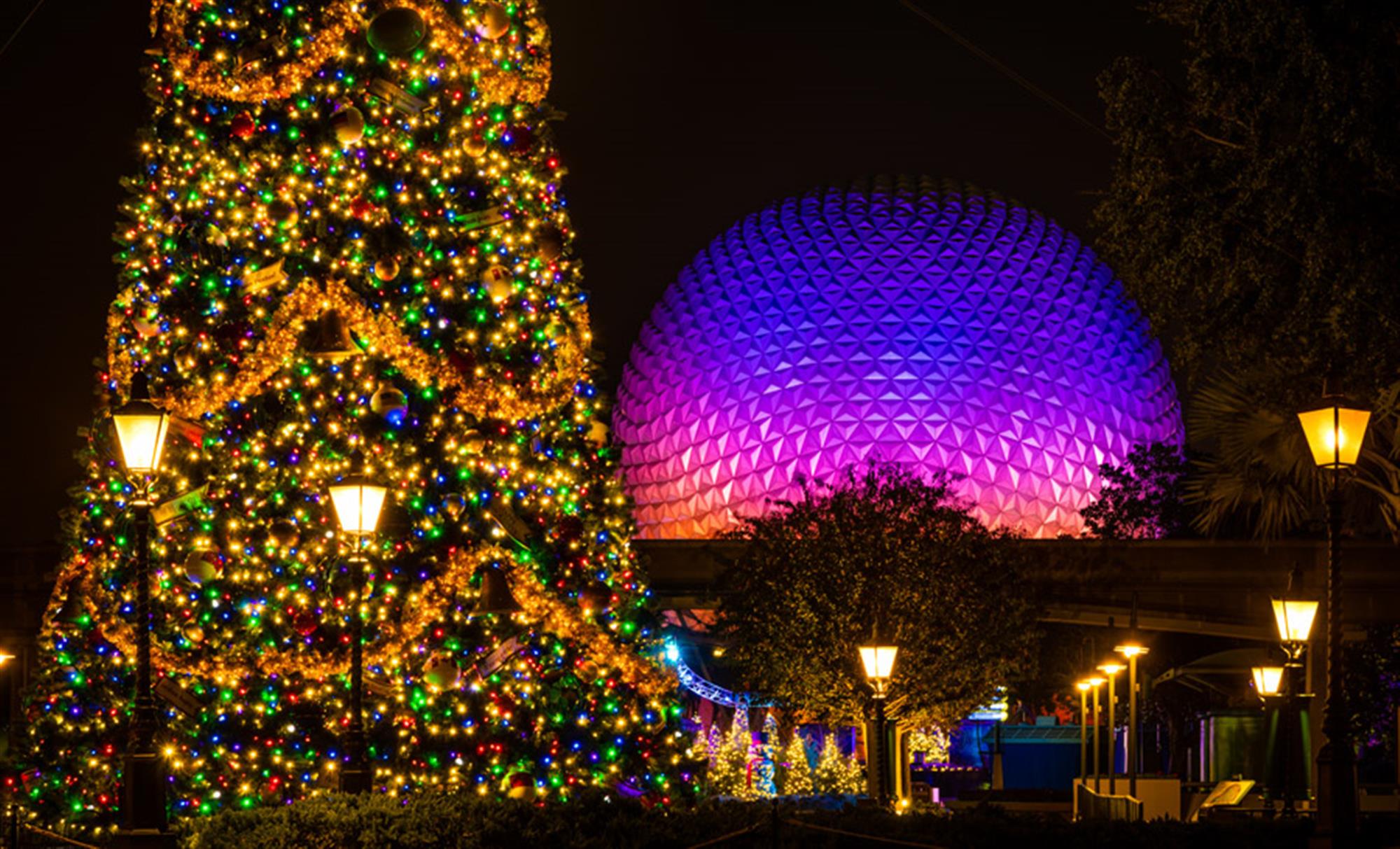 Christmas Tree and Spaceship Earth at Epcot