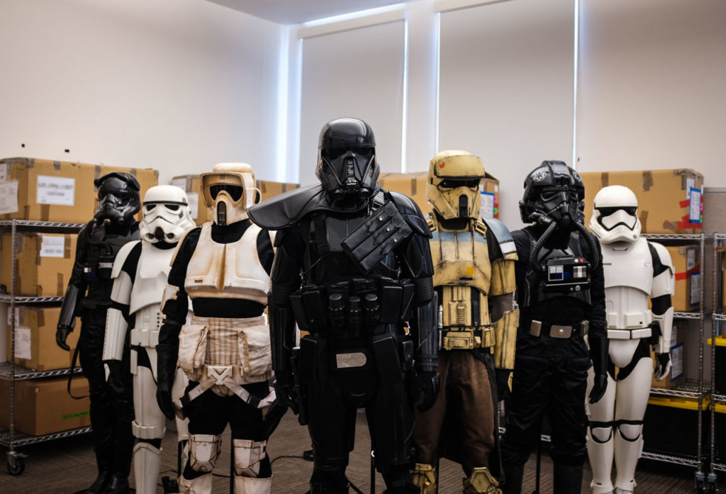 Various stormtrooper armor sets at Lucasfilm