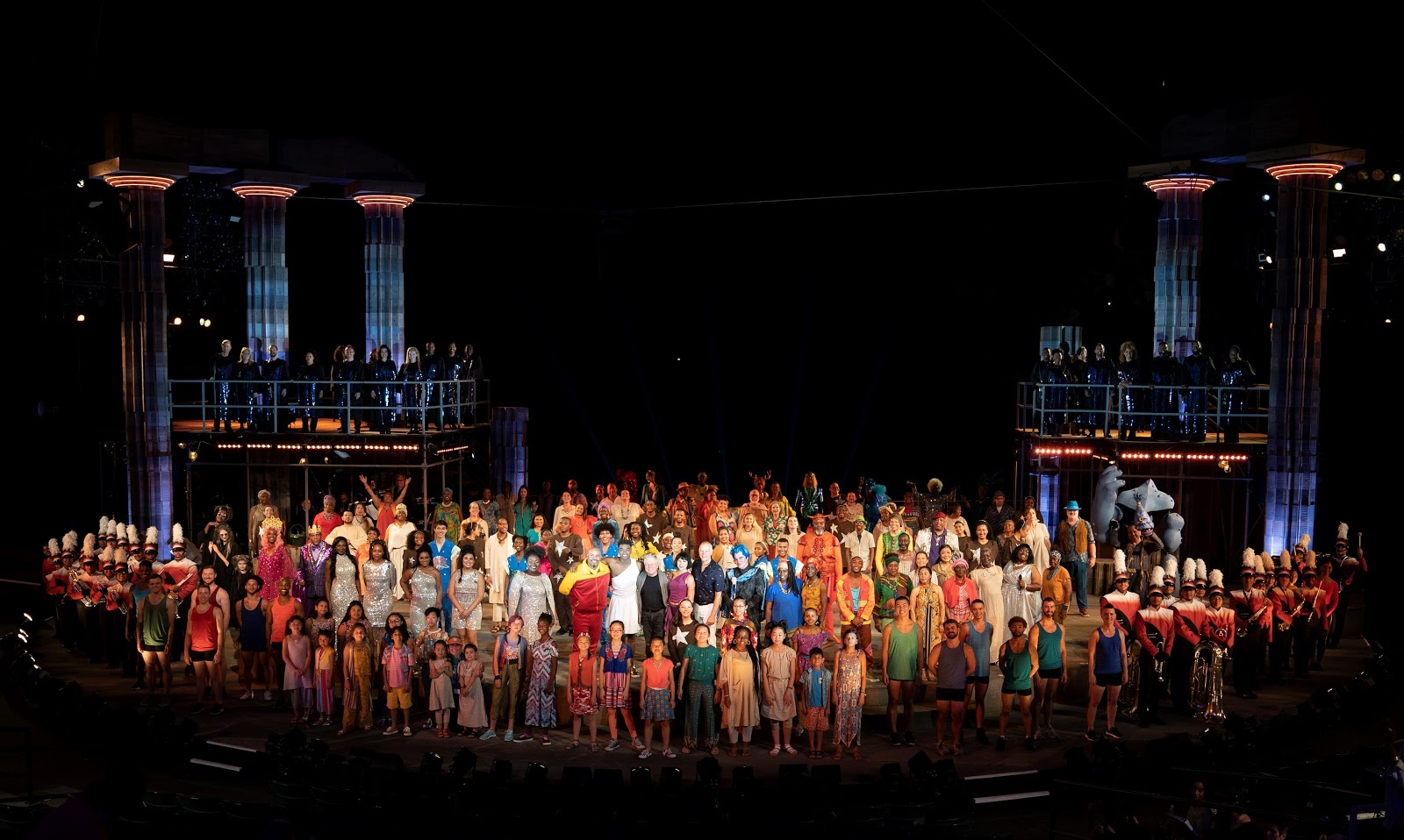 The company of The Public Theater’s free Public Works musical adaptation of Hercules, with music by Alan Menken, lyrics by David Zippel, book by Kristoffer Diaz, choreography by Chase Brock, and directed by Lear deBessonet, running at the Delacorte Theater. Photo credit: Joan Marcus.